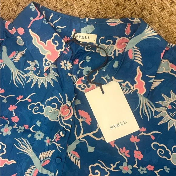 Spell NWT Desert BanditaCobalt Blue and Pink Floral Woven Button Down Shirt